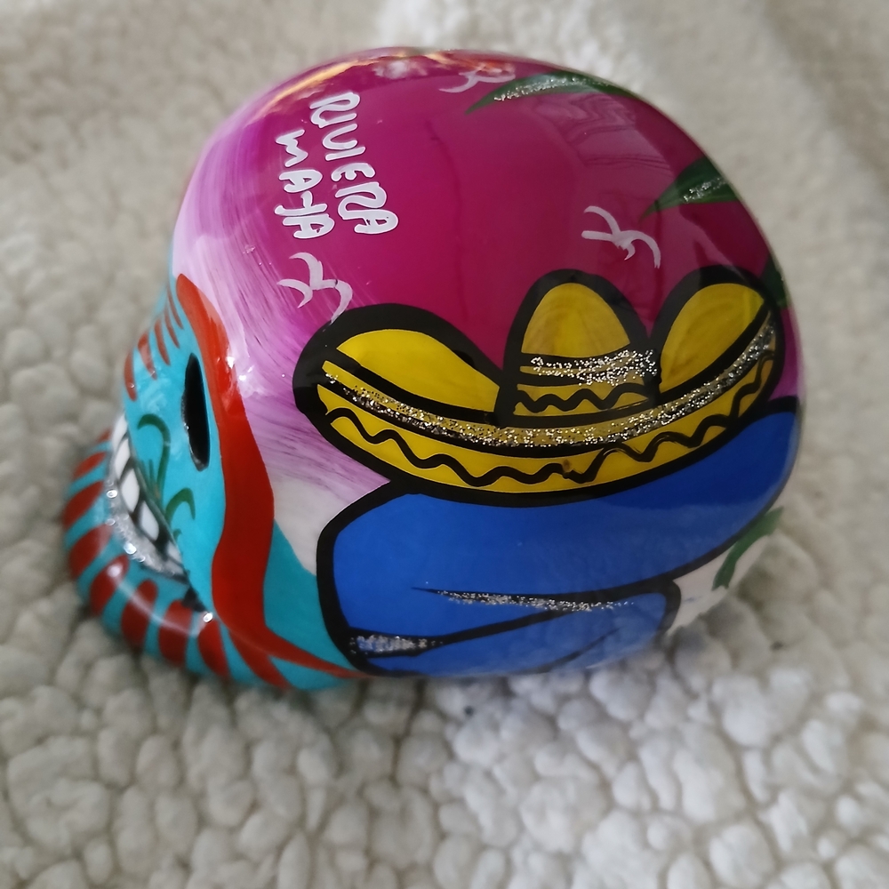 Mexican Sugar Skull Ceramic Decoration. Hand Painted & Beautiful Colors & Bird